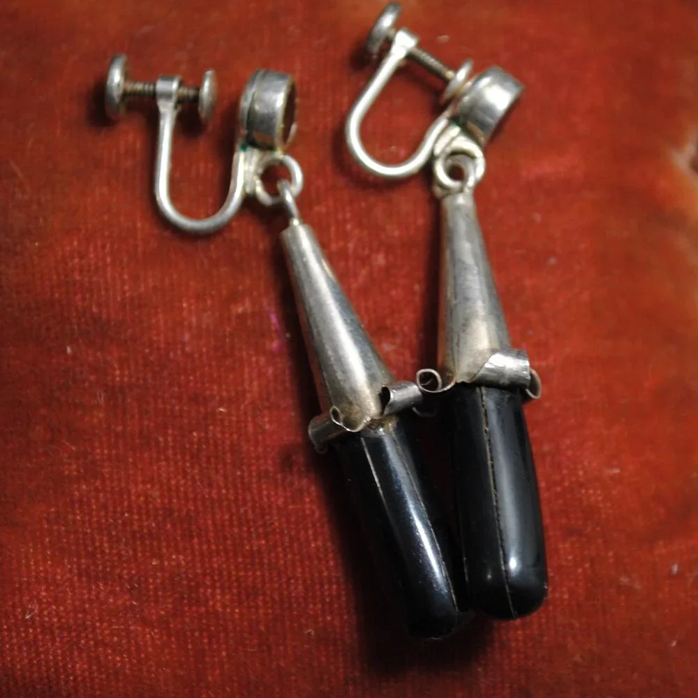 Vintage Sterling Silver Drop Screw-back Flower Earrings with Black Plastic